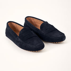 Double 3/4 view of Kiowa shoes in Navy Suede, showcasing the expertly crafted suede upper in a rich navy hue, with a plush texture for added sophistication