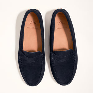 Double front view of Kiowa shoes in Navy Suede, emphasizing the sleek silhouette of the shoes and the deep navy color, perfect for versatile styling