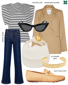 Linden Loafer shoes in Champagne paired with a matching outfit, highlighting the neutral color that allows for easy trans seasonal wearing with various clothing items.