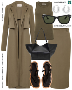Double front view of Juniper Sandal in Black, paired with a khaki top, long skirt, matching long trench coat, black tote bag, sunglasses, and earrings, showcasing its timeless elegance and enduring quality, designed for optimal comfort and warm weather wear.