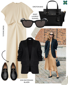 Linden Loafer shoes in Black paired with a cream dress, black blazer and bag, and sunglasses, highlighting a chic and sophisticated outfit choice that perfectly complements the timeless style of the shoes