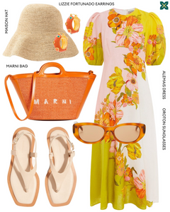 Double front view of Juniper Sandal in Crema, complemented by an Alemais dress, Oroton sunglasses, Marni orange bag, and Maison hat, highlighting its timeless elegance and enduring quality, designed for optimal comfort and warm weather wear.
