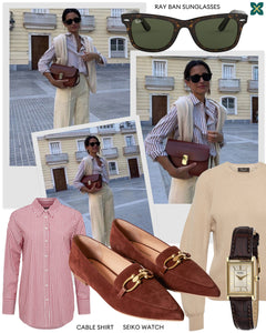 How to wear the Brown Pointed Flat with Striped Shirt and beige jumper ensemble.
