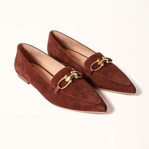 Double 3/4 view of The Poplar Pointed Flat in Brown Suede with Buckle, featuring its elegant design and luxurious suede construction, accented with a stylish buckle