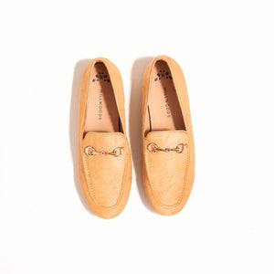 Double front view of Linden Loafer shoes in Champagne, emphasizing their sleek silhouette and neutral Champagne color, perfect for easy trans seasonal wearing with pants, skirts, shorts, or dresses.