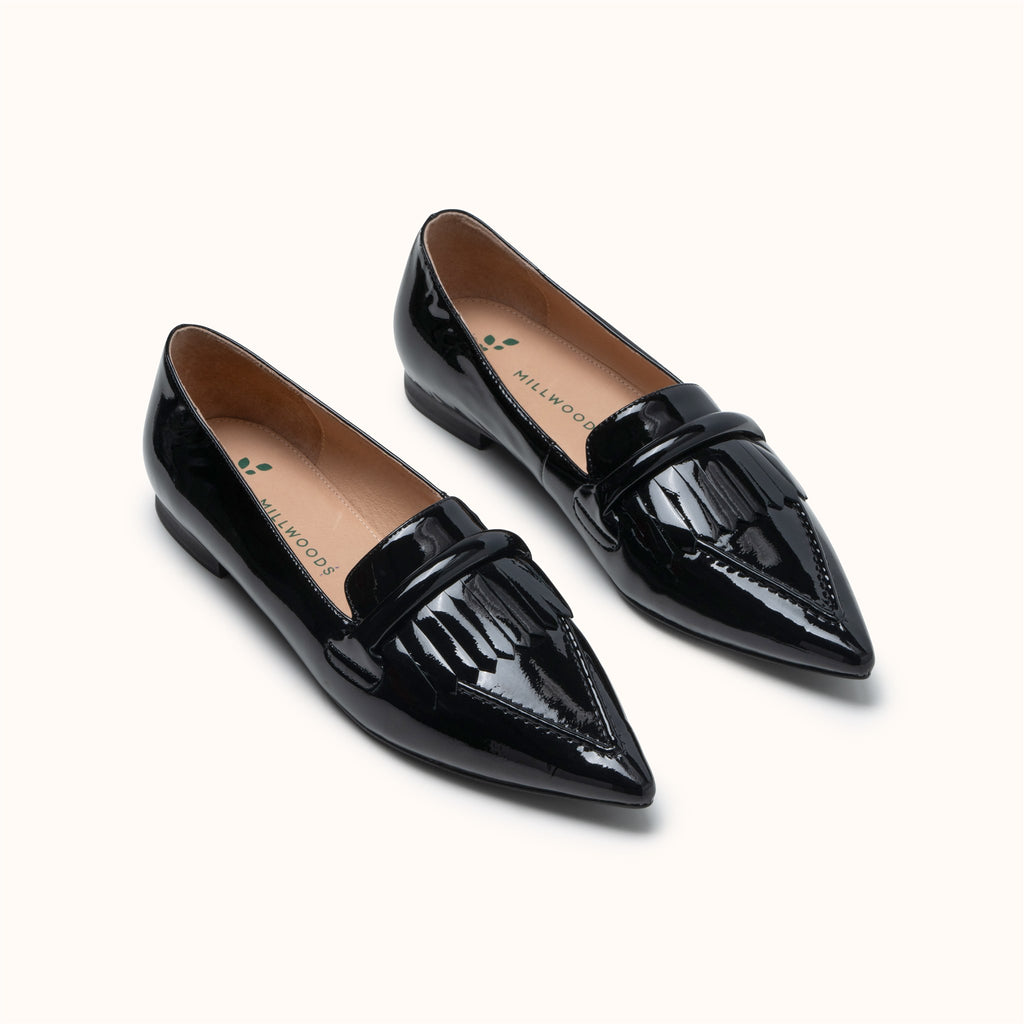 Millwoods Poplar Pointed Flat Black Patent with Fringe