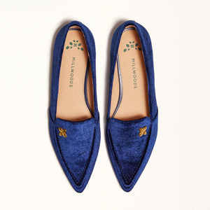Double front view of The Poplar Pointed Flat in Navy Velvet, emphasizing its rich navy hue and gum sole with a rubber insert for traction and comfort, offering both style and practicality.