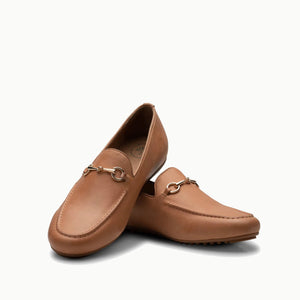 Crisscrossed Linden Loafer shoes in Light Tan, showcasing their beautifully soft leather inner and outer, designed to naturally mold to your foot and soften with wearing, with a full gum sole for durable protection and all-day comfort cushioning.