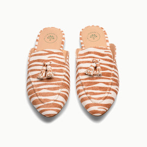 Double front view of Maple Mule shoes in Brown Zebra, emphasizing their classic design and striking Brown Zebra pattern, suitable for both work and casual wear