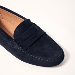Single 3/4 close-up view of Kiowa shoes in Navy Suede, highlighting the details of the luxurious suede material and the elegant design