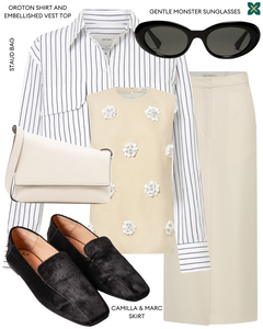 A pair of black ballet flats with a square toe design crafted from pony hair material, showcased in a 3/4 view. They are accompanied by a coordinating outfit featuring a striped white shirt, sunglasses, a white handbag, and a cream top and skirt ensemble.