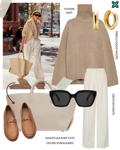 Linden Loafer shoes in Light Tan paired with a beige sweater and light trousers, along with matching accessories, showcasing their timeless and refined style