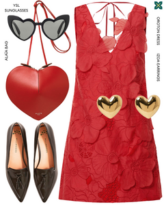 Double Front view of The Poplar Pointed Flat in Black Leather with Tassels, with red dress, Izoa earrings, alaia bag and YSL Sunglasses