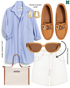 Kiowa shoes in Saffron paired with a blue shirt, white shorts, brown sunglasses, matching bag, and earrings, showcasing a stylish and coordinated ensemble.