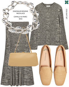 A pair of champagne-colored ballet flats with a square toe design made of pony hair material, displayed in a double view, accompanied by an outfit ensemble consisting of a dinosaur design necklace, a COS grey knit set, and a Camilla and Marc camel bag.