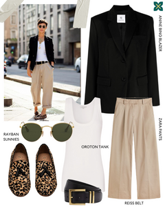 Linden Loafer shoes in Leopard print paired with a matching neutral and black outfit, showcasing their versatility and ability to complement different clothing styles