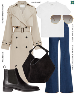 Single side view of Oak Boot in Black paired with a matching outfit, featuring a white tee, blue jeans, cream trench coat, black bag, and sunglasses, providing a stylish and coordinated ensemble