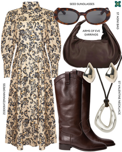 Double side view of Birch Boot in Brown leather, paired with a matching outfit including a dress, coordinating necklace and earrings, and stylish sunglasses.