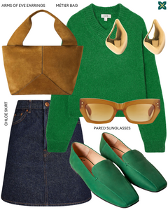 A pair of green square ballet flats displayed in a 3/4 view, accompanied by an outfit ensemble featuring a Metier bag, green sweater, sunglasses, paired earrings from Arms of Eve and Chloe skirt.