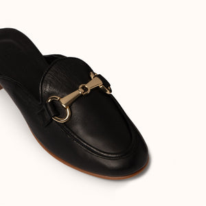 Backless Loafer Black Horsebit detail three quarter single shoe close up view