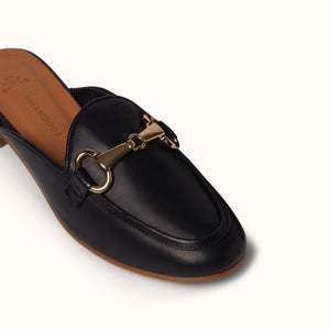 Backless Loafer Navy Horsebit detail three quarter view close up