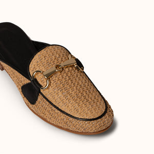 Backless Loafer raffia Horsebit detail three quarter view close up