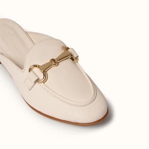 Backless Loafer White Horsebit detail three quarter view close up