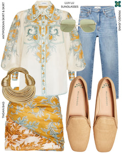 Champagne ballet flat with jeans, Antipodean shirt and skirt ensemble