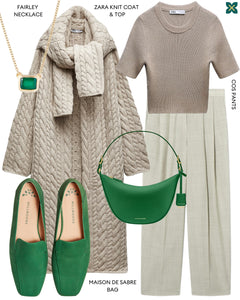 Green Ballet flats with a coordinated beige suit and jacket in textured pieces. 