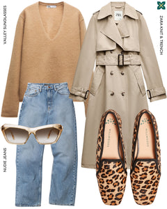 Leopard ballet flats with jeans, woollen jumper and trench coat completing a casual look. 