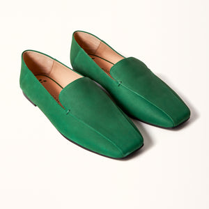 A pair of green square ballet flats displayed in a 3/4 view, shown in a double presentation for analysis.