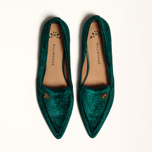 Double front view of The Poplar Pointed Flat in Green Velvet, emphasizing its rich forest green color and gum sole with a rubber insert for traction and comfort.