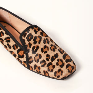 A single leopard-print square ballet flat displayed in a 3/4 view, showcasing its design and texture