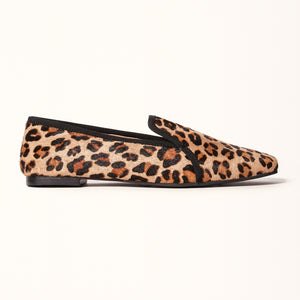 A side view of a leopard-print square ballet flat, showcasing its unique pattern and style