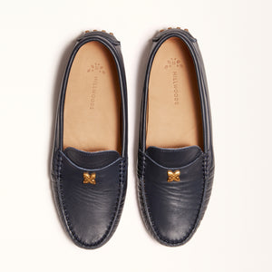 Double front view of Kiowa shoes in Navy Leather, emphasizing the sleek silhouette of the shoes and the rich navy color of the leather.