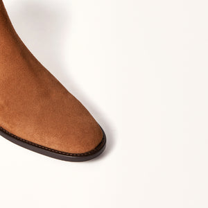 Close-up on toe view of Tan Suede Oak Boots, emphasizing the fine details of the suede construction and the timeless design