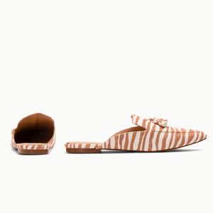 Single side and back view of Maple Mule shoes in Brown Zebra, highlighting the calf hair upper with leather lining, the gum sole with a rubber insert for non-slip traction, and the 1cm block heel for easy all-day wearing.